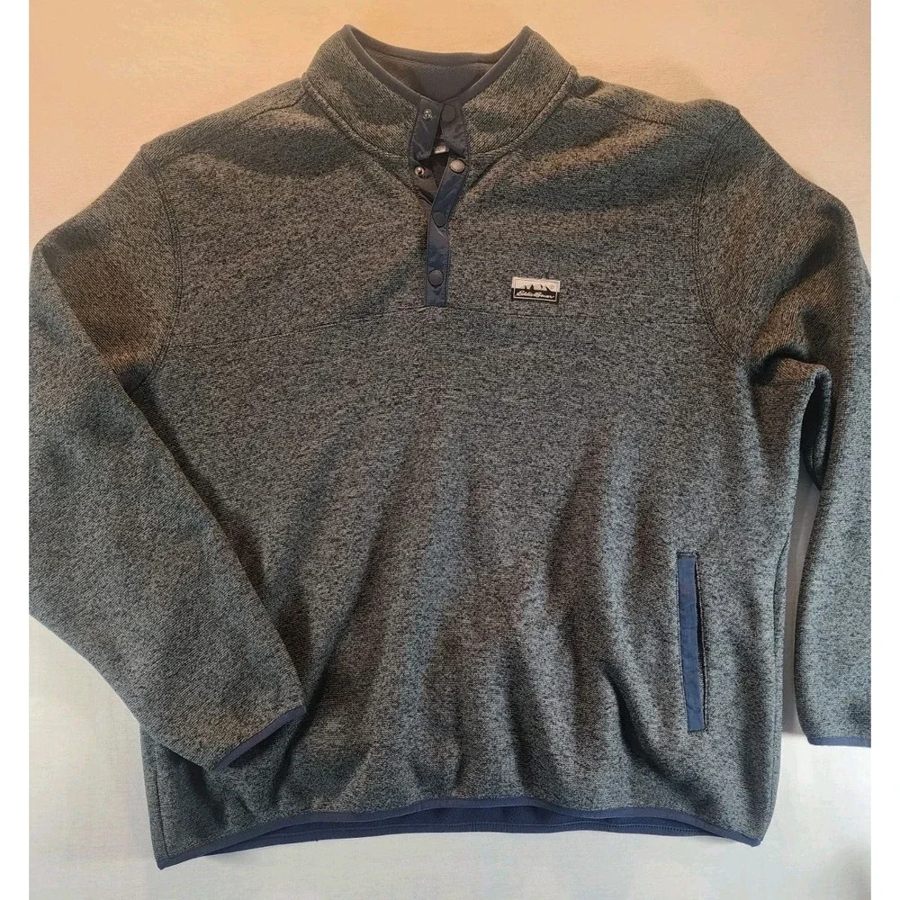 Eddie Bauer Mens XXL 2XL Gray Knit Long Sleeve Snap Pullover Sweater Fleece